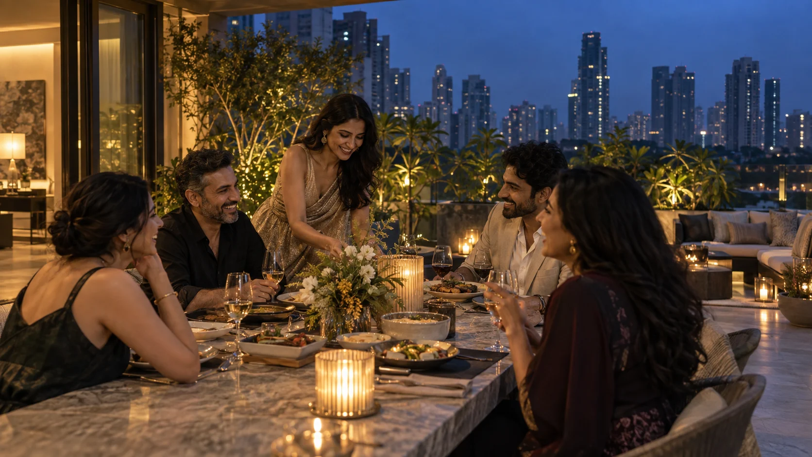 Friends on an illustrative Gurgaon terrace at dusk