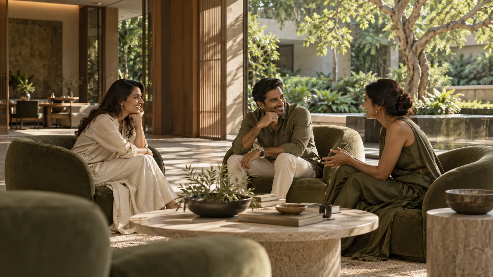 Illustrative residents in a garden lounge