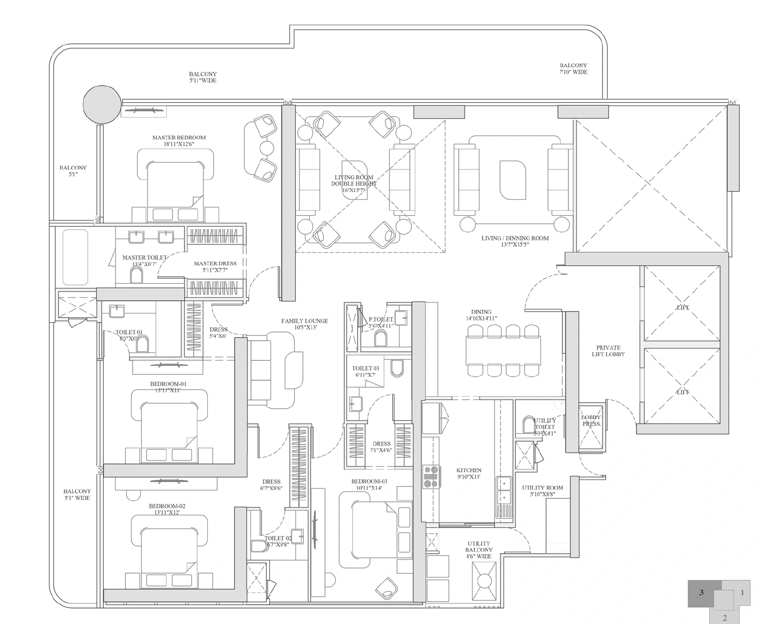 Detail of supplied 4 BHK double-height even-floor plan, SA 4909 sq ft